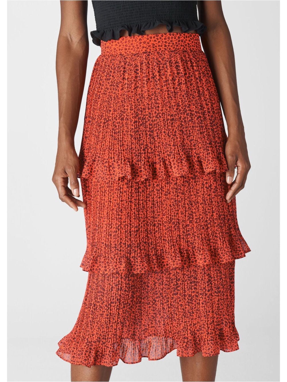 Whistles Leopard Tiered Midi Skirt in Flame Multi Red